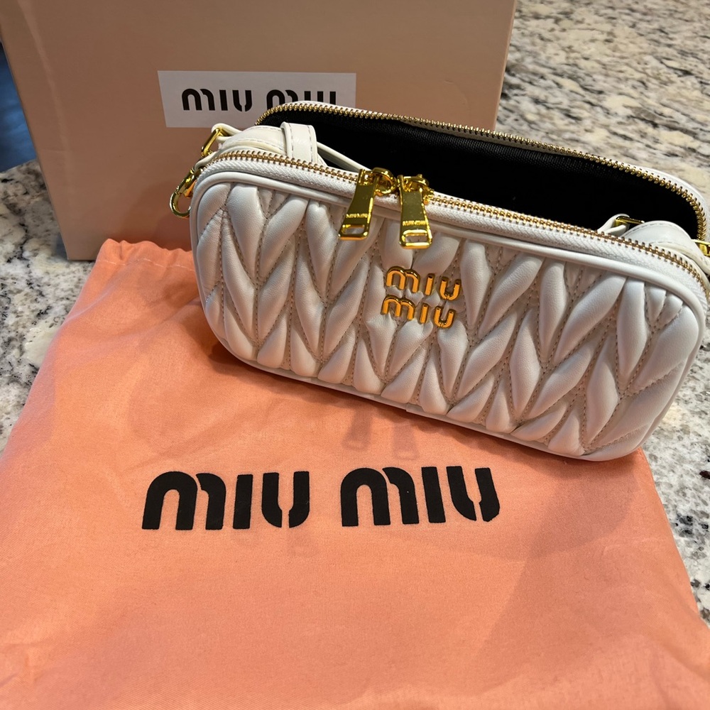 Miu Miu White Quilted Clutch with Gold Accents looklike with box and dust bag.